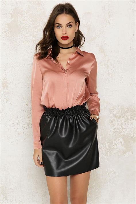 loavies pink satin shirt black leather skirts satin