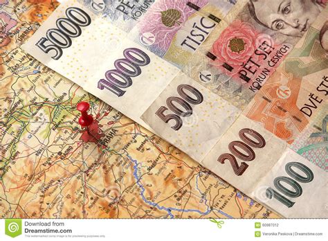 Czech Money Banknotes On The Map Of Czech Republic Stock