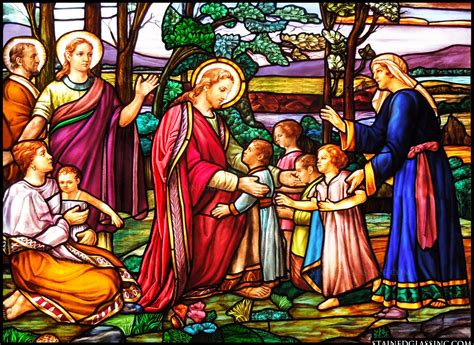 jesus teaches   children religious stained glass window