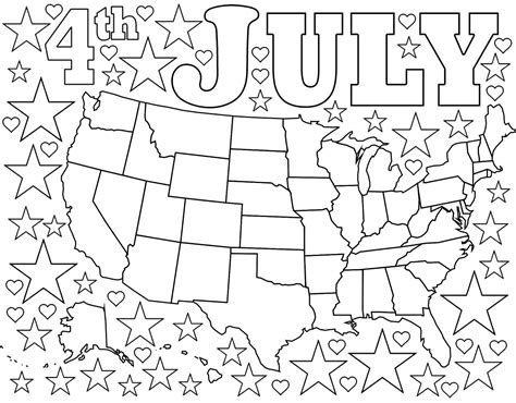 july coloring page map  usa  stars  hearts rooftop post