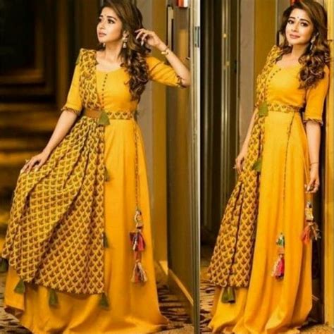 tina datta yellow stylish haldi gown  chanderi dupatta long dress design indian gowns