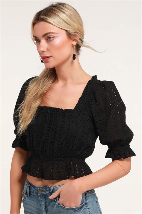 aurora black eyelet lace puff sleeve crop top mod and