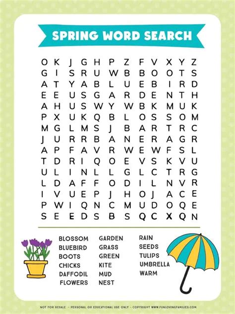 spring word search  printable activity sheet  kids fun loving