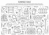 Garage Elements Vector Yard Household Horizontal Doodle Drawn Goods Banner Illustration Template Line Hand Background Used sketch template