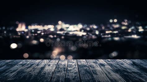 view  empty wooden plank floor   town  night stock image image  advertise