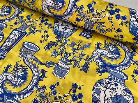 blue chinese dragon digitally printed fabric asian porcelain motif