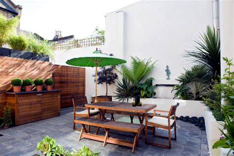 wooden furniture  raised beds   terrace interior