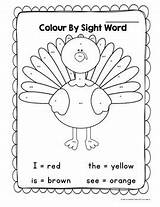 Sight Color Turkey Thanksgiving Word Printable Preview Grade sketch template