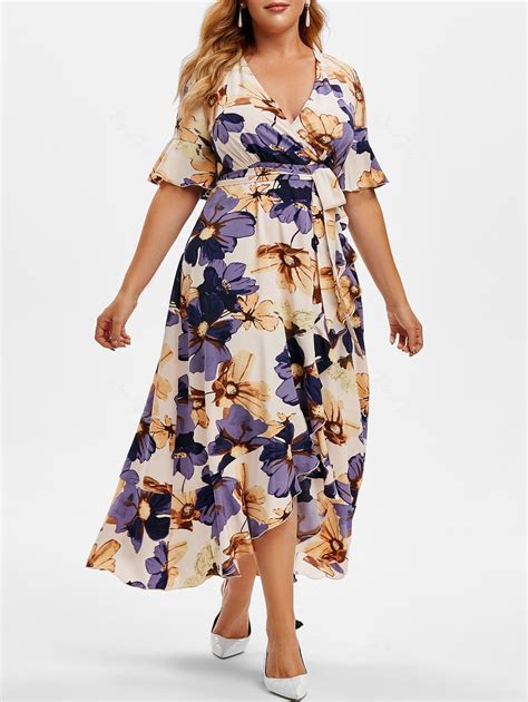 plus size ruffle floral print high low maxi dress [54 off] rosegal