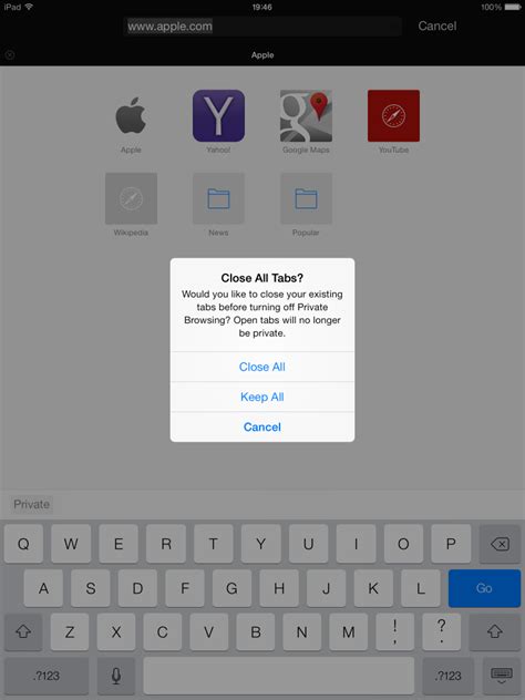 how to turn on off private browsing for safari on ios 7