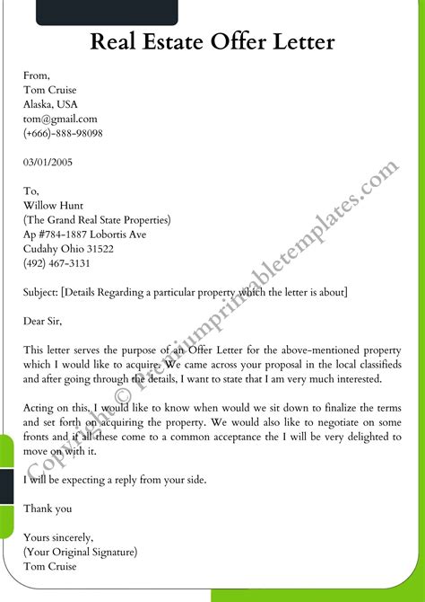 real estate offer letter printable template    word