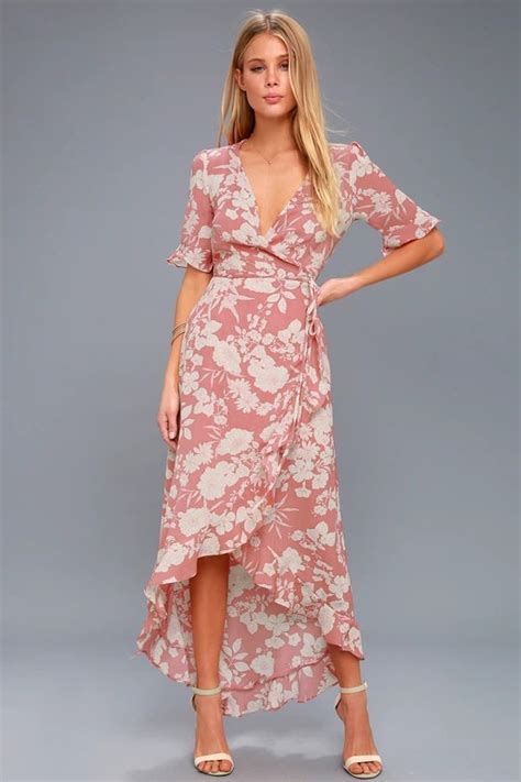 cute pink floral print dress high low dress wrap dress lulus