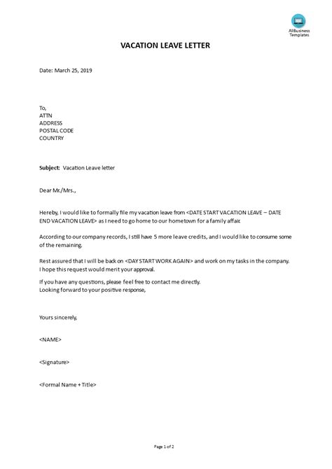emergency vacation leave letter sample master  template document