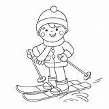 Skiing Coloring Outline Cartoon Winter Boy Sports Vector Book Kids Preview Illustration sketch template