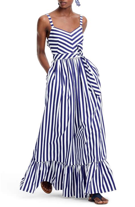 j crew stripe ruffle cotton maxi dress in blue save 65 lyst