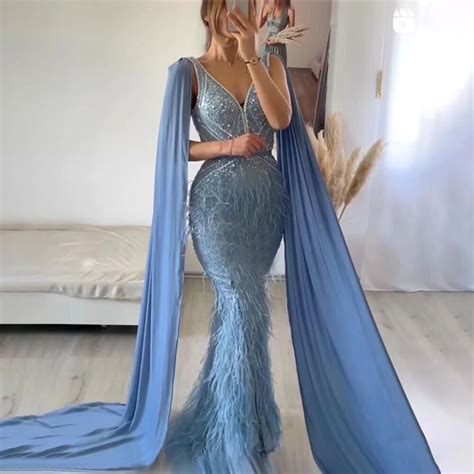 sharon  luxury mermaid blue feathers evening dress  sey  neck side slit prom dresses