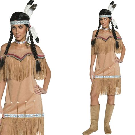 ladies red indian lady fancy dress costume native cowboys indians