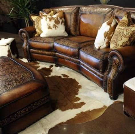 hand tooled leather sofa  ottoman western decor living room