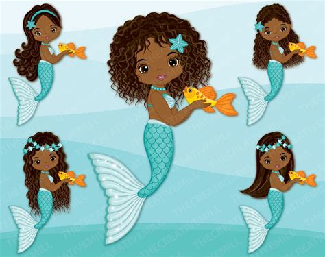 dark skinned mermaid mermaid clipart set png instant  african