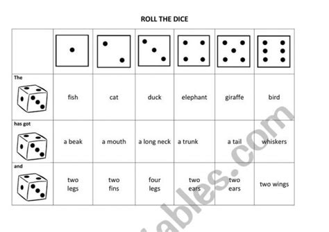 worksheets roll the dice game