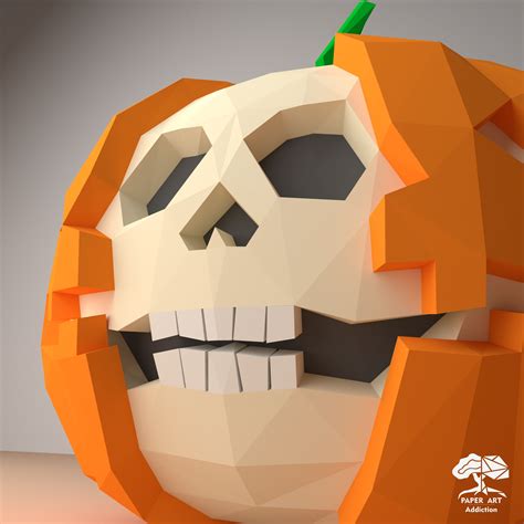 skull pumpkin  papercraft  template diy  poly halloween decor