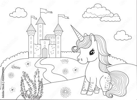 unicorn  castle coloring book sketch isolated vector stock vector