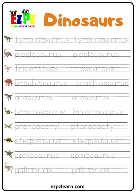 dinosaurs word tracing worksheet ezpzlearncom