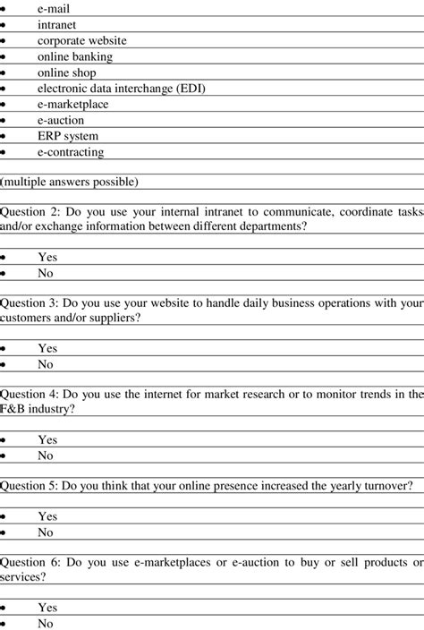 survey questionnaire question     listed  supply chain  table