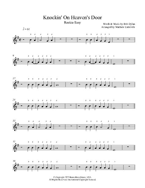 knockin on heaven s door melody by bob dylan piano sheet music rookie level