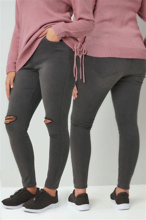 Grey Skinny Jeans With Ripped Knees Plus Size 16 To 30