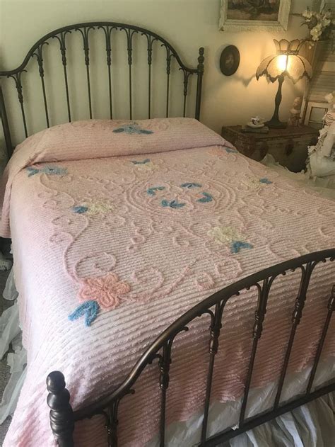 vintage chenille bedspread pink teal floral full queen etsy