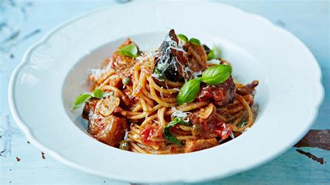 jamie olivers sicilian spaghetti alla norma  aubergine baby capers  basil recipe