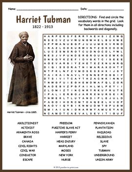 harriet tubman word search puzzle worksheet activity  puzzles  print