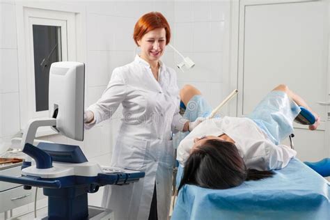 gynecologist ready to do transvaginal ultrasound with wand and exam a woman stock image image