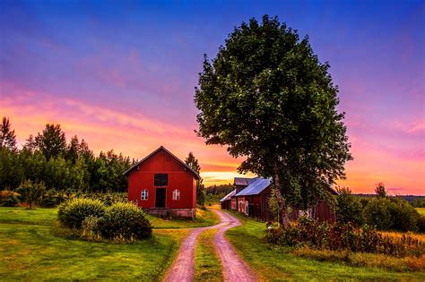 sunset trees road home landscape rustic farm house wallpaper   wallpaperup