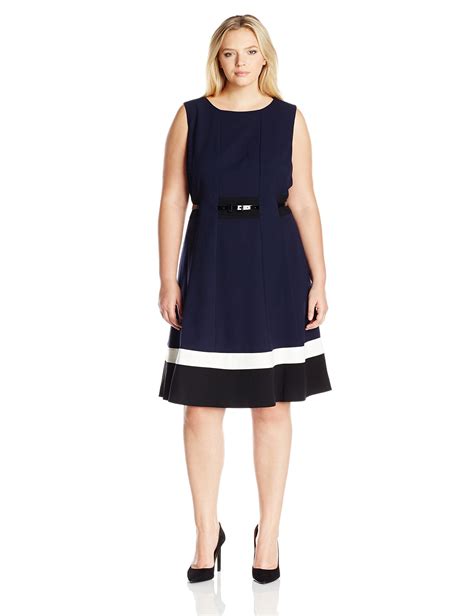 Calvin Klein Women S Plus Size Fit And Flare Color Block With Belted