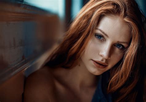 Wallpaper Women Redhead Face Closeup Bokeh Blue Eyes Portrait