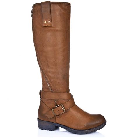 buy zippy flat knee high biker boots tan leather style