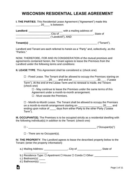 wisconsin lease agreement templates   word eforms
