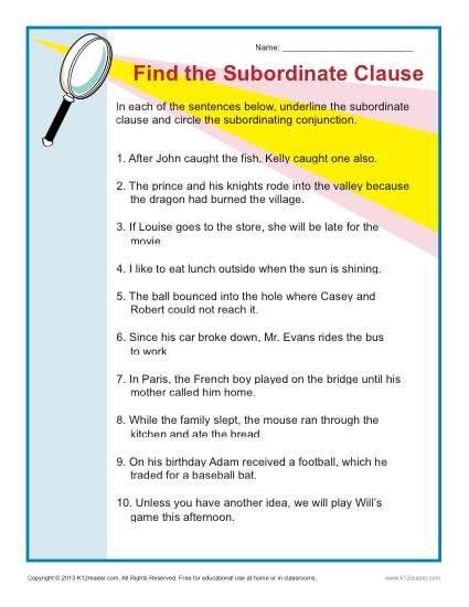 subordinating clause worksheet