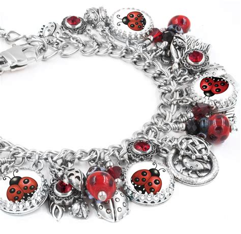 lucky ladybug charm bracelet  ladybug charms  red  black