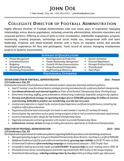 athletic director resume  football sports management