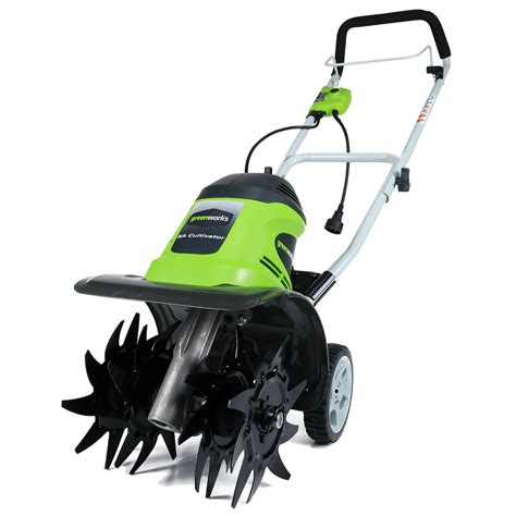 greenworks   volt front tine standard rotating battery powered walk  garden