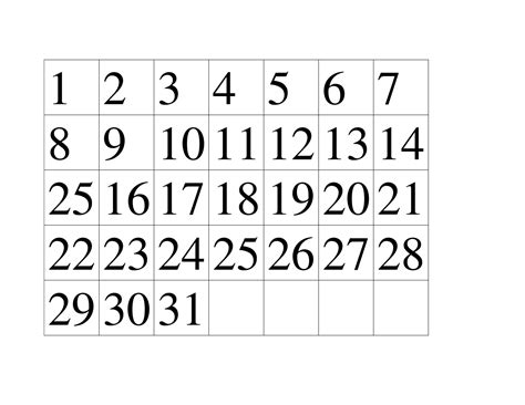 template printable calendar numbers