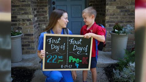 mother and son inspire with first day of school photo