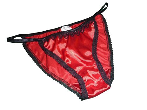 bright red shiny satin panties tanga string bikini black lace made in