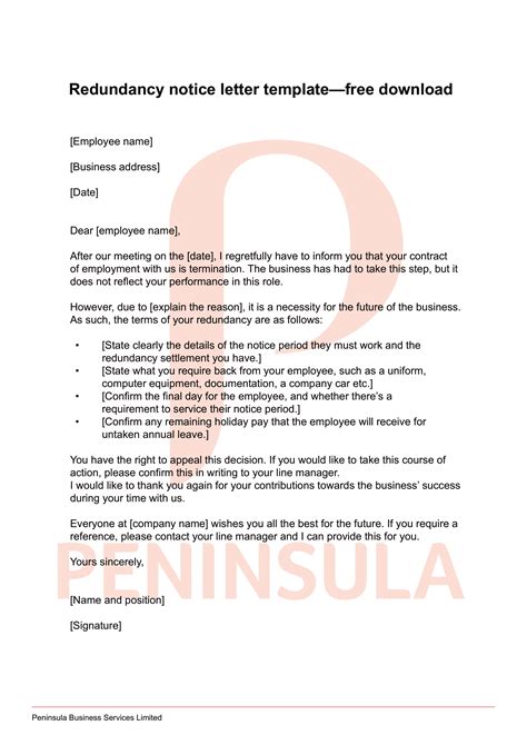 redundancy letter template peninsula uk