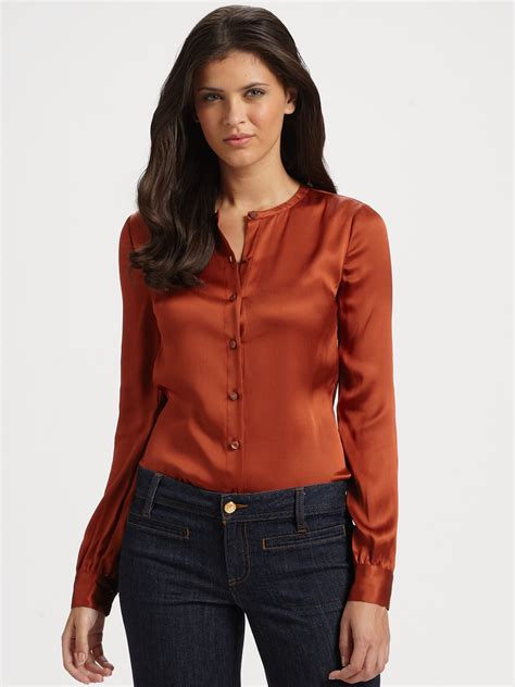 tory burch waverly silk satin blouse in natural lyst