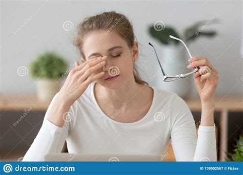 Fatigued Girl Taking Off Glasses Rubbing Eyes Feeling Eye Strain Stock
