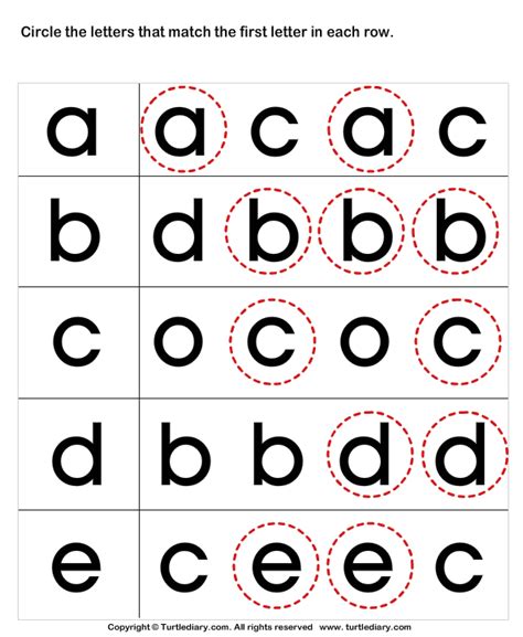 Circle The Matching Letter A B C D E Worksheet Turtle Diary